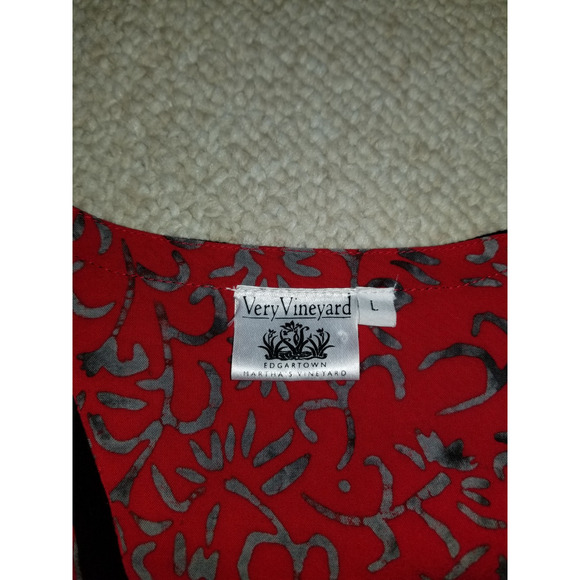 Womens Top-VERY VINEYARD-red/grey floral Batik button-up BOHO Artsy 3/4 slv-L - Picture 5 of 5